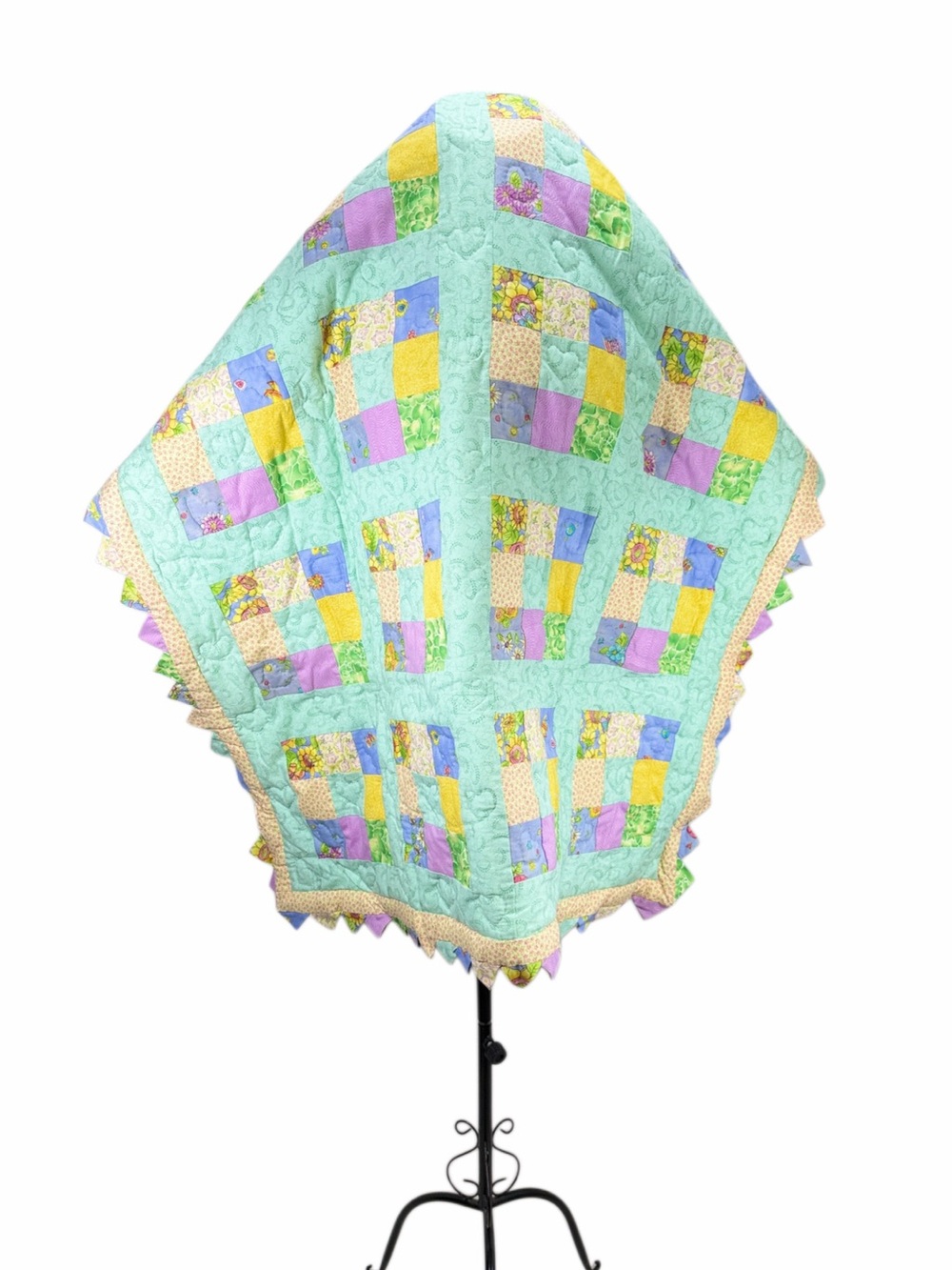 Pastel Patchwork Quilt in Mint Green, Yellow & Purple